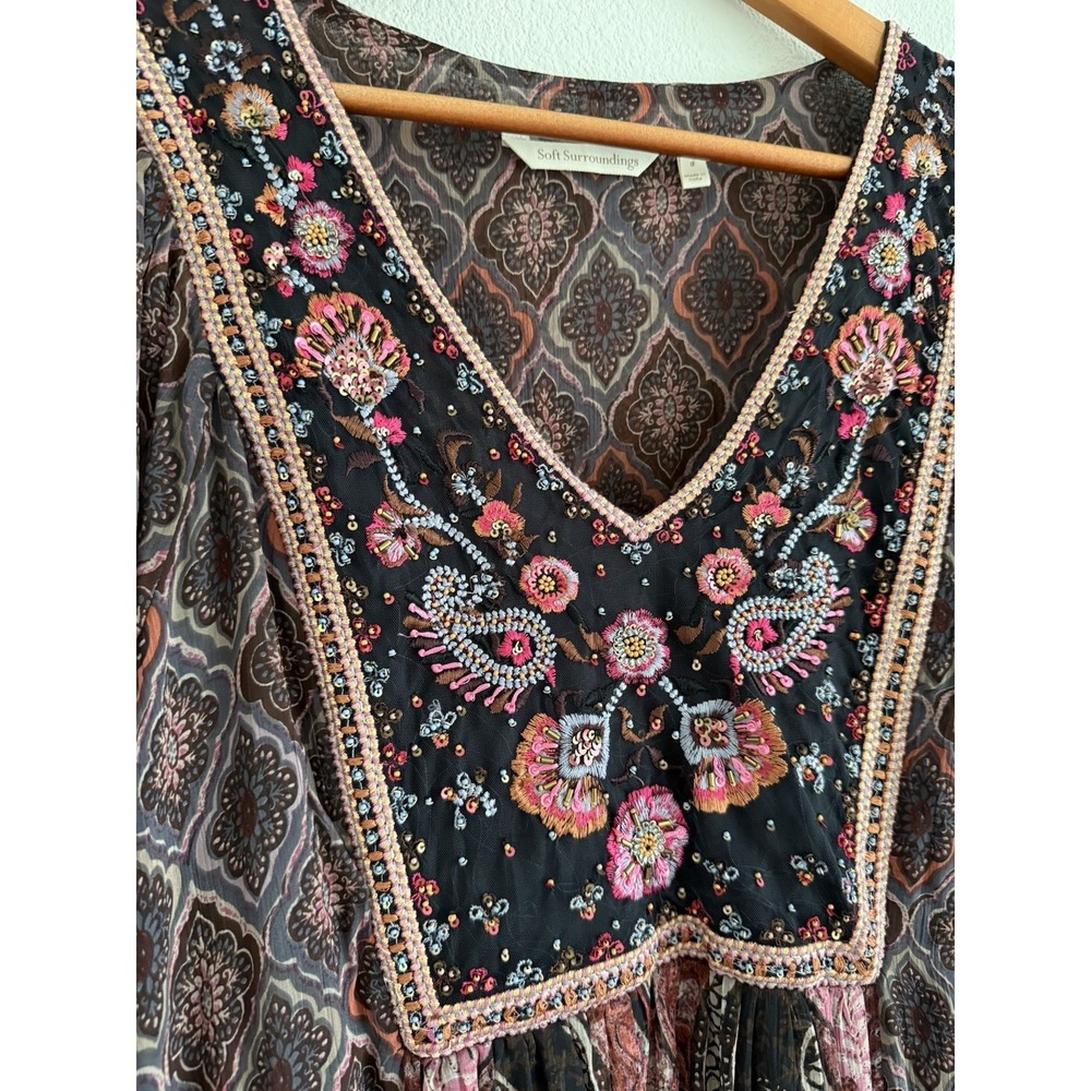 Soft Surroundings Pink and Black Floral Boho Maxi Dress With Beadwork & Sequins - Picture 3 of 9